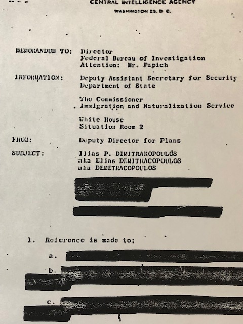Heavily redacted intelligence file document